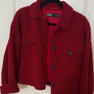 Zara Cherry Red Bouclé Jacket